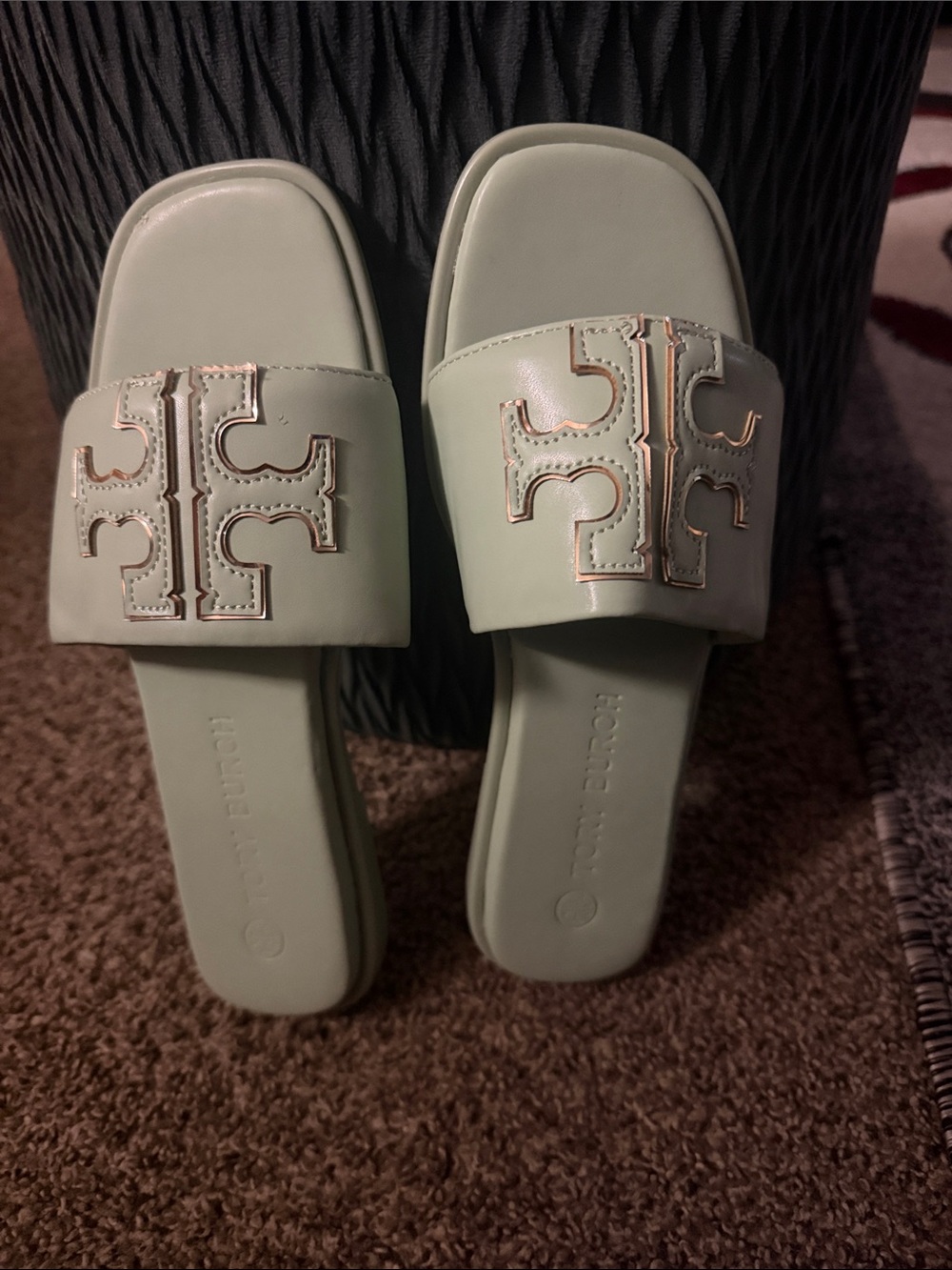 Tory Burch Mint Green Logo Slide Sandals